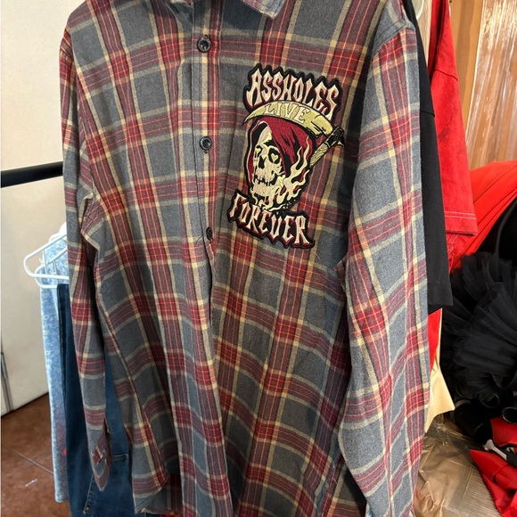 ALF New Grey plaid flannel shirt jacket with skulls - Picture 2 of 4